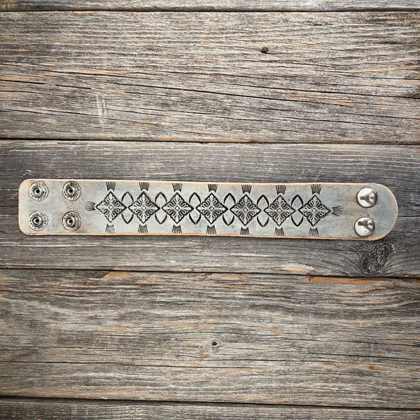 One of a kind, Genuine Leather Boho Bracelet with Tooled Pattern
