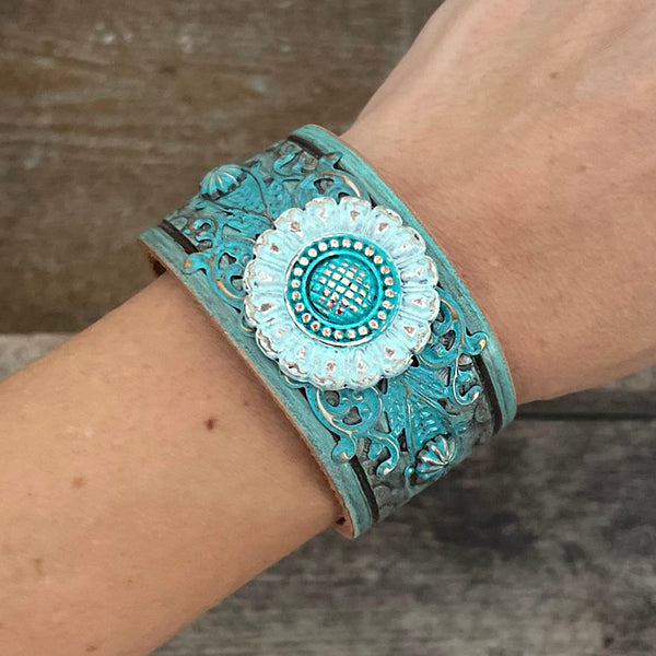 One of a Kind, genuine leather patina flower concho bracelet
