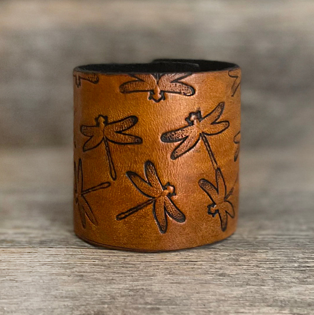 MADE TO ORDER - Wide Dragonfly Pattern Leather Bracelet