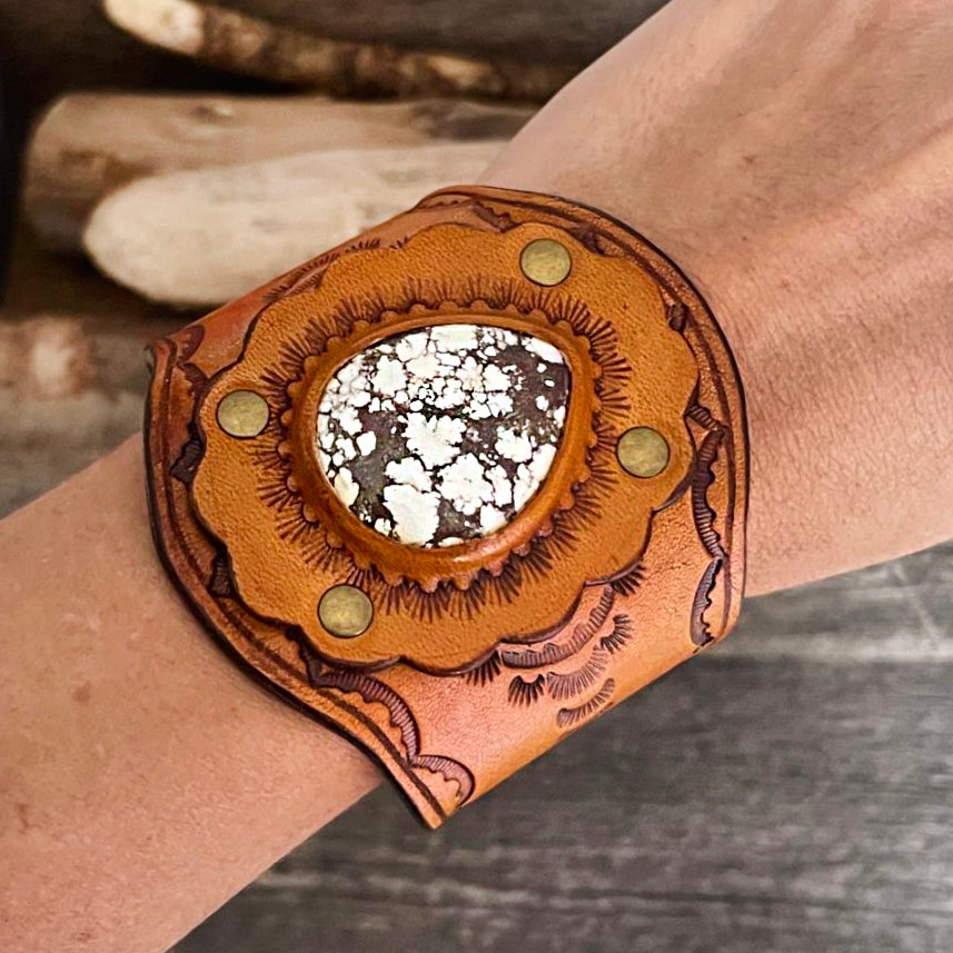 One of a Kind Tooled Leather Bracelet Genuine Appaloosa Stone