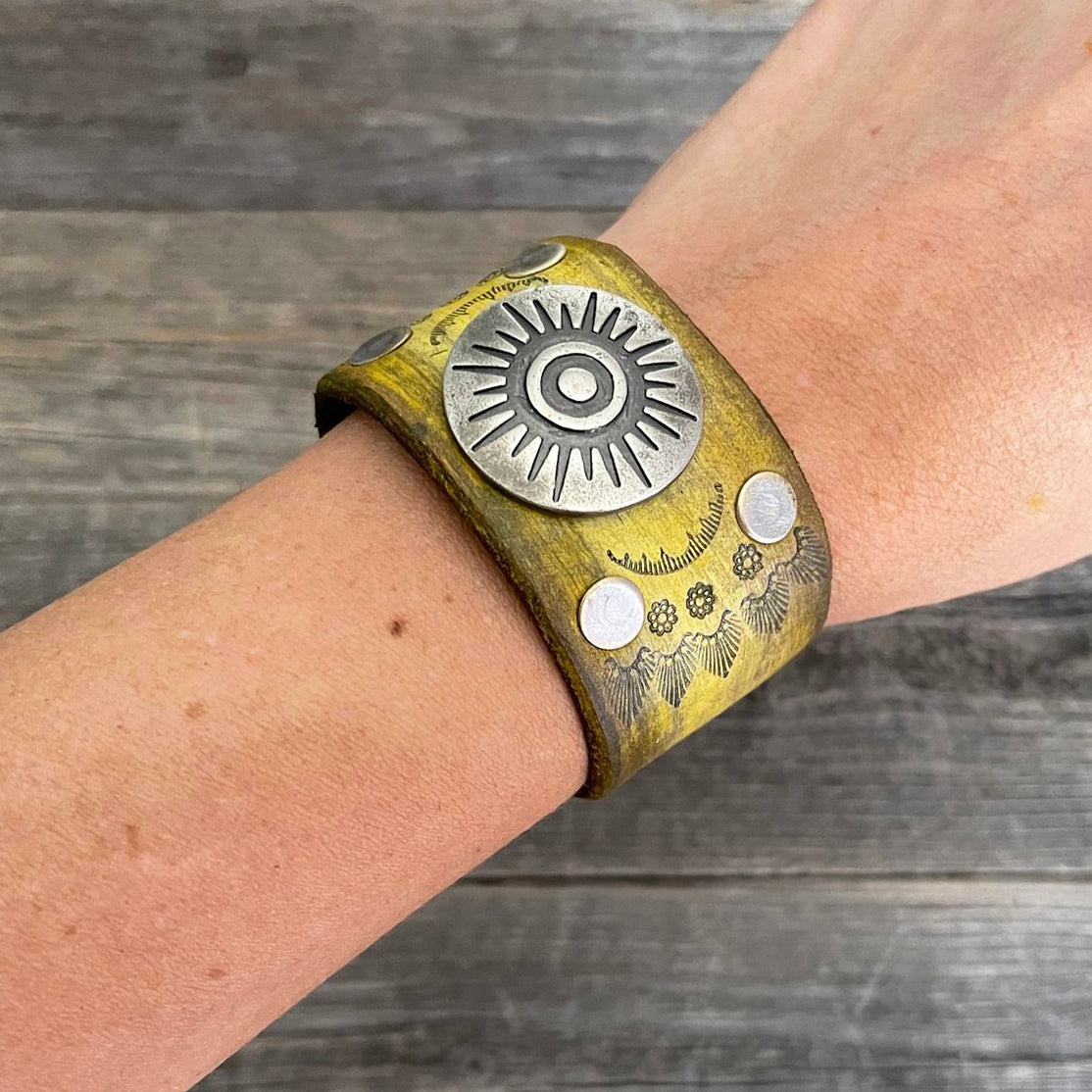 MADE TO ORDER - Yellow Leather Bracelet with Round Concho