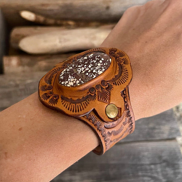 One of a Kind Tooled Leather Bracelet Wild Horse Turquoise Stone