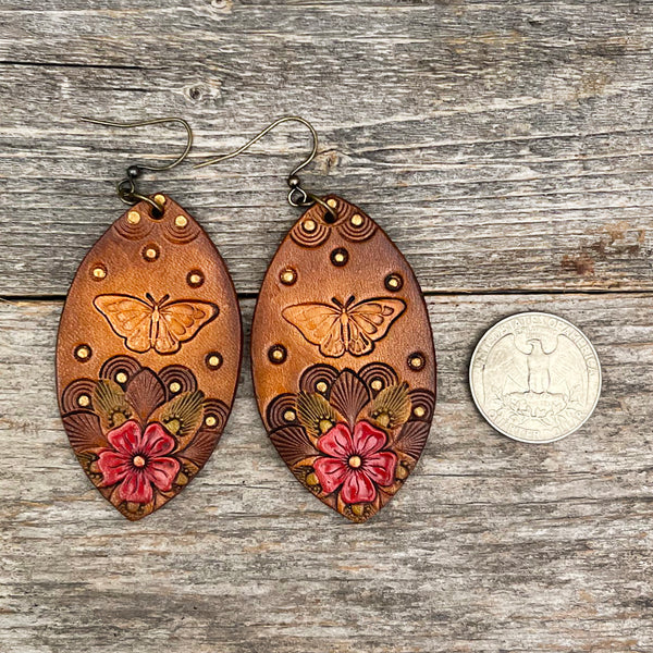 One of a Kind  Leather Butterfly Earrings and Flowers Design