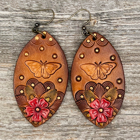 One of a Kind Leather Butterfly Earrings and Flowers Design