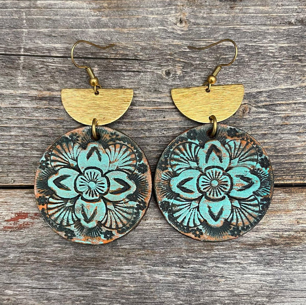 One of a Kind turquoise flower leather earrings