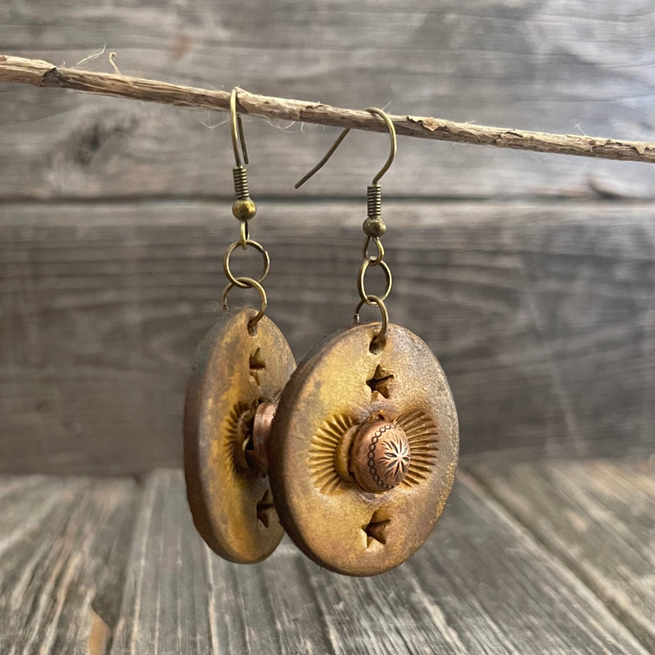MADE TO ORDER - One of a Kind, genuine leather round drop boho earrings with copper rivet and tooled stars