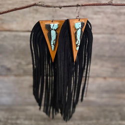One of a Kind - Genuine turquoise, statement fringe leather earrings