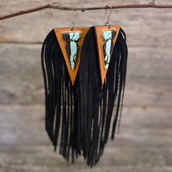 One of a Kind - Genuine Turquoise Fringe Leather Earrings