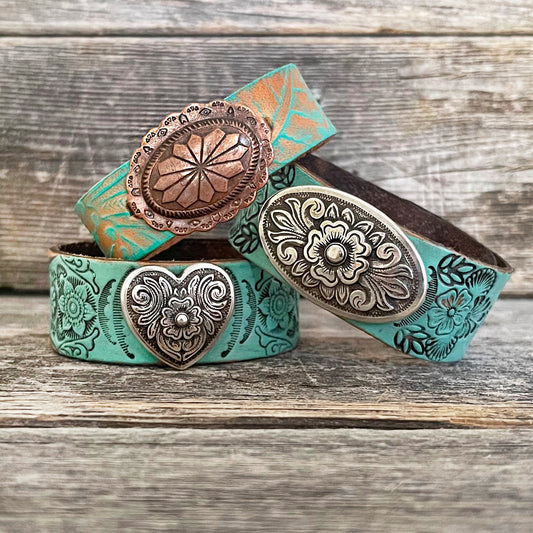 One of a kind Genuine Tooled Leather Two Tone Concho Bracelet
