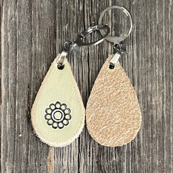 MADE TO ORDER - One of a Kind, genuine leather off-white rustic drop boho handmade earrings with tooled flower