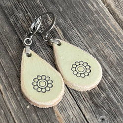 MADE TO ORDER - One of a Kind, genuine leather off-white rustic drop boho handmade earrings with tooled flower
