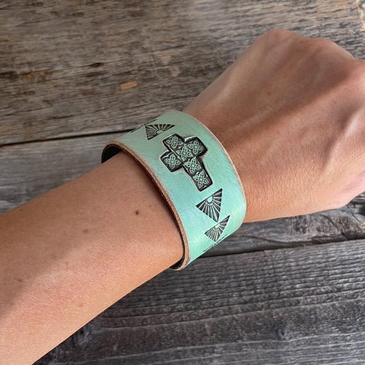 Aqua Tooled Leather Boho Bracelet with Tooled Cross