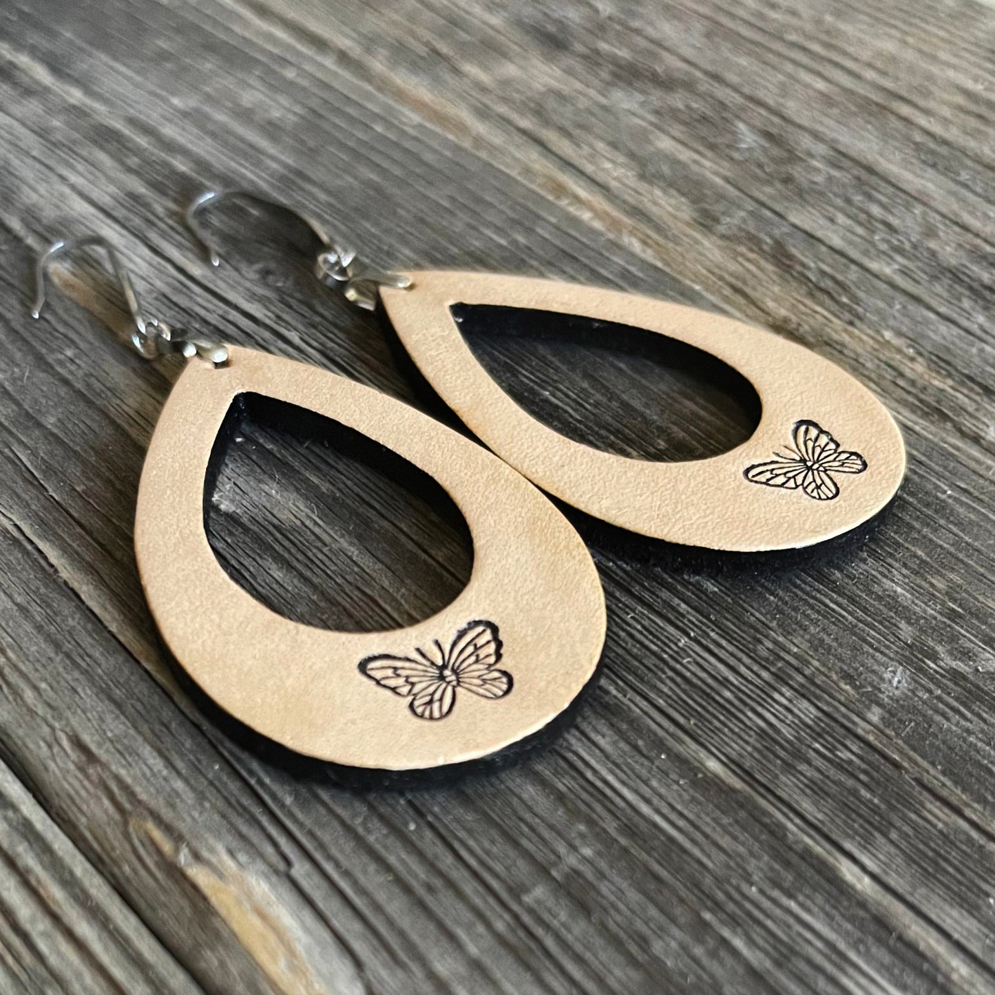 MADE TO ORDER -One of a Kind, genuine leather two-tone boho handmade earrings with butterfly design