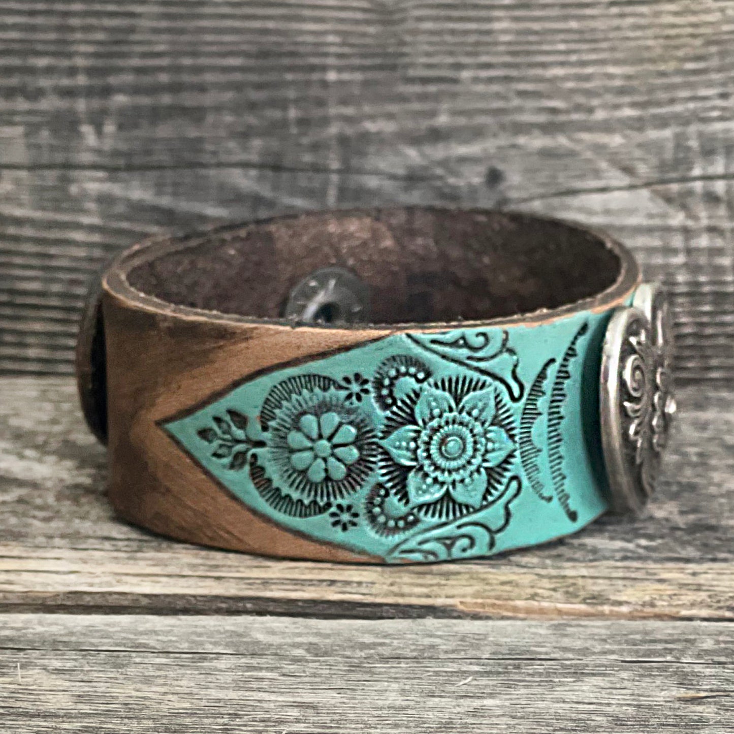 One of a kind Genuine Tooled Leather Two Tone Concho Bracelet