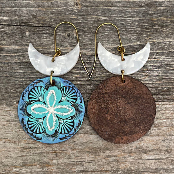 One of a Kind Leather and Nacar Earrings | Bohemian Style