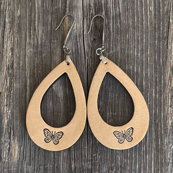 MADE TO ORDER -One of a Kind, genuine leather two-tone boho handmade earrings with butterfly design