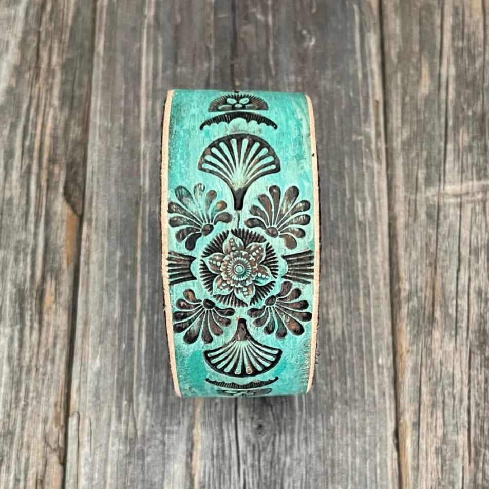 Genuine Leather Boho Bracelet with Tooled Sea Shells and Flower