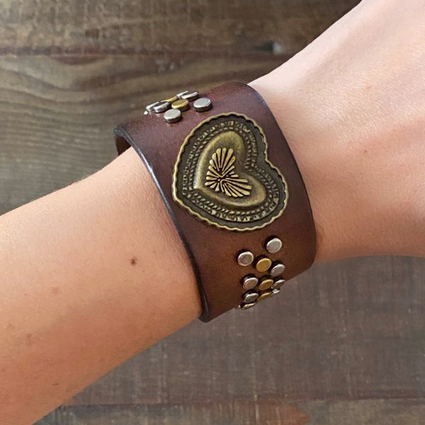 Brown Leather Bracelet with Heart Concho and Rivets