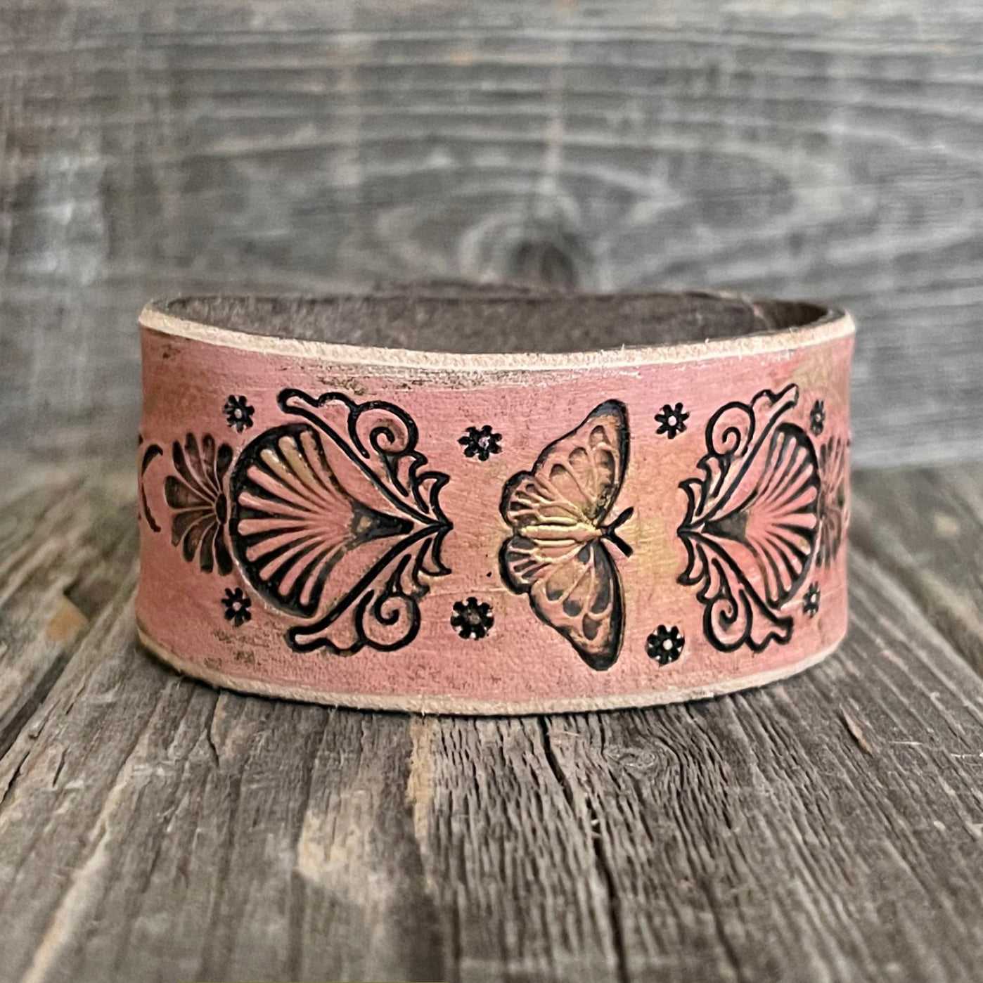 One of a kind, genuine tooled leather wide boho bracelet with tooled butterfly and sea shells