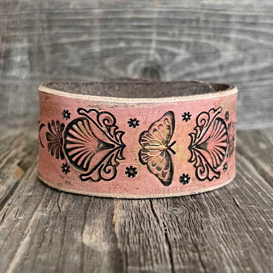One of a kind, genuine tooled leather wide boho bracelet with tooled butterfly and sea shells
