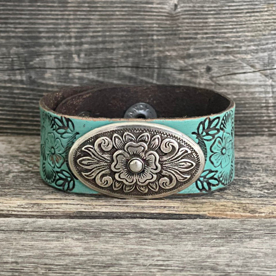 One of a kind Genuine Tooled Leather Two Tone Concho Bracelet