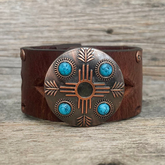 One of a Kind Genuine Leather Die Cut Bracelet with Mandala Concho