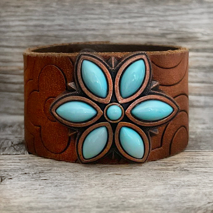 One of a kind Genuine Tooled Leather Bracelet Big Blue Flower Concho