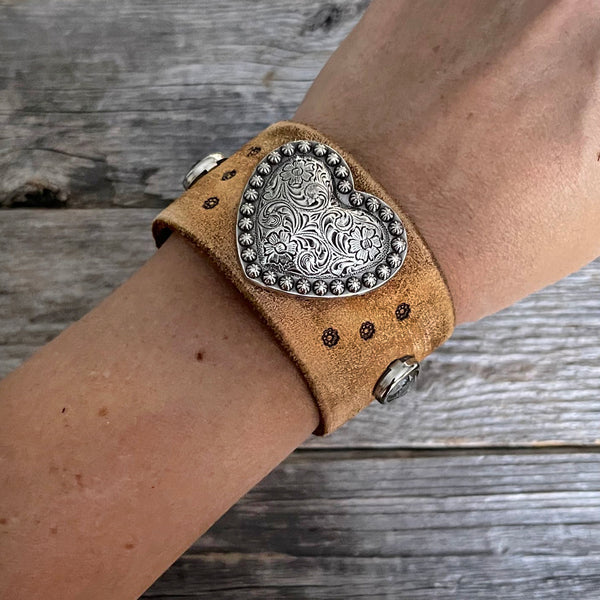 MADE TO ORDER - Genuine Tanned Leather Heart Concho Bracelet