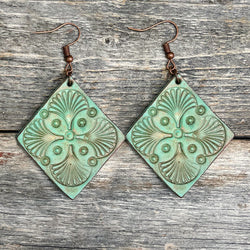 One of a Kind Rhomboid Aqua Leather Tooled Earrings