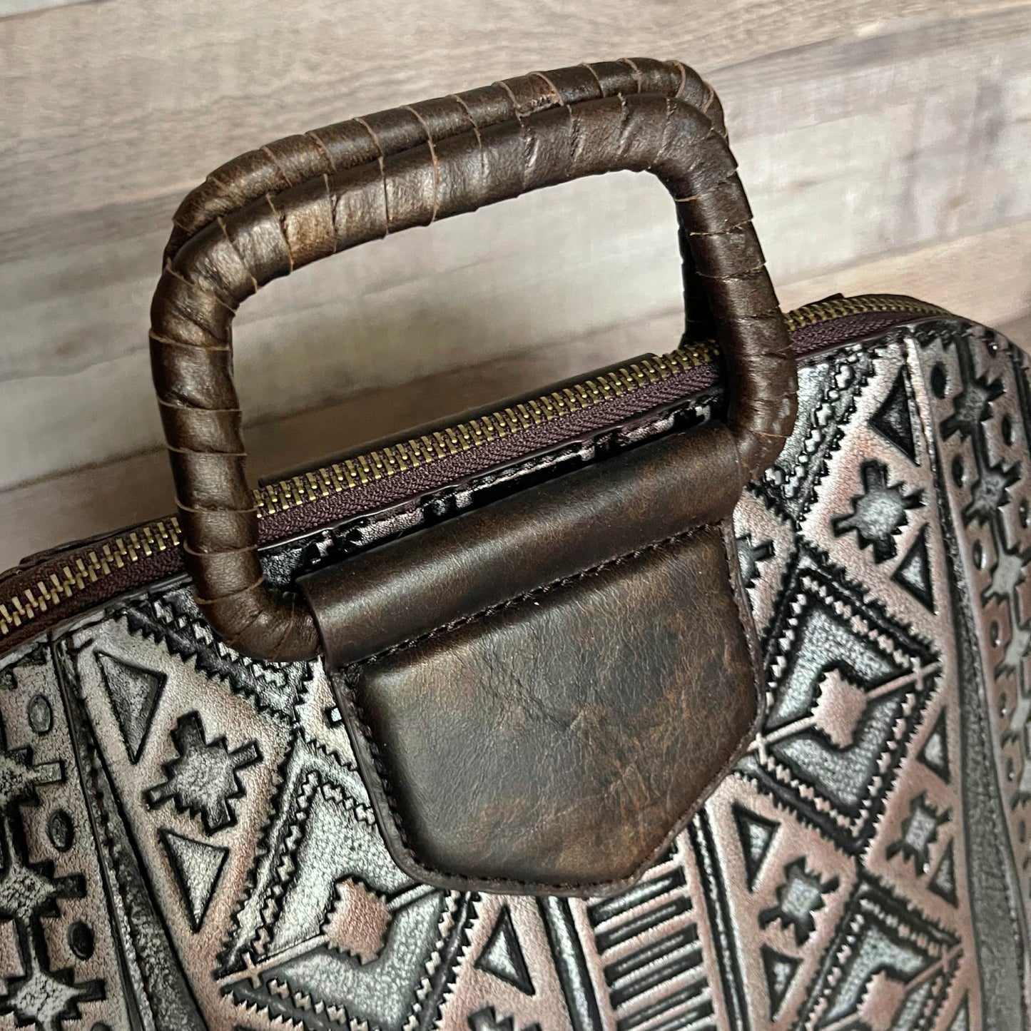 "PEARL SOUL" Tooled Leather Handbag with Wooden Handles