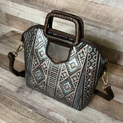 "PEARL SOUL" Tooled Leather Handbag with Wooden Handles