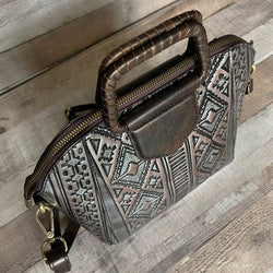 "PEARL SOUL" Tooled Leather Handbag with Wooden Handles