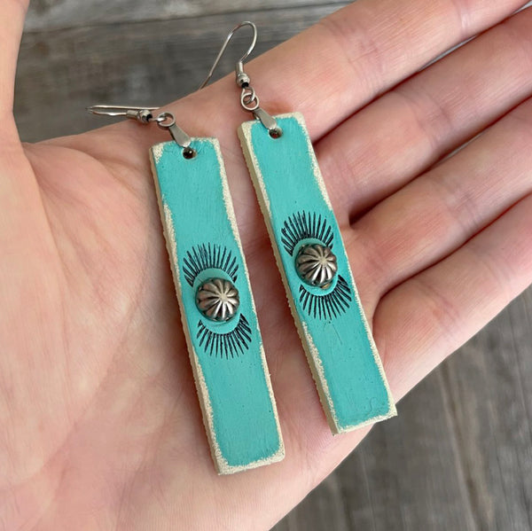 MADE TO ORDER - Leather Turquoise Stripes Earrings with Rivets