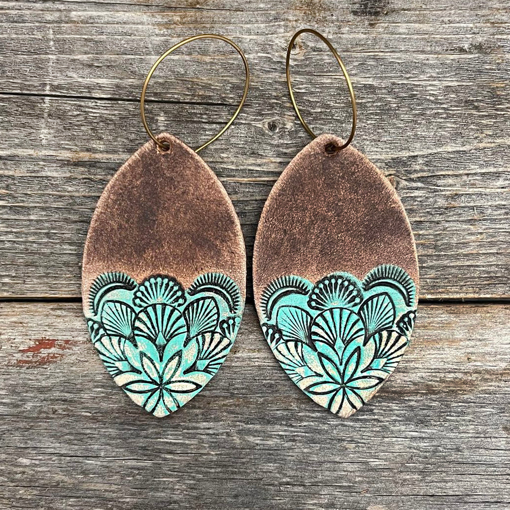 One of a Kind turquoise and brown oval leather earrings