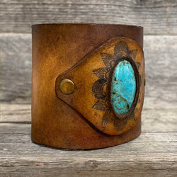 One of a Kind, wide leather bracelet with genuine Arizona Turquoise stone