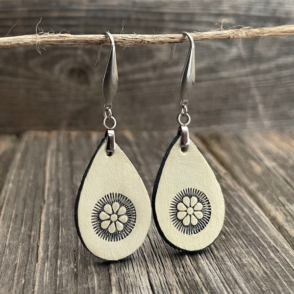 MADE TO ORDER - One of a Kind, genuine leather off-white/black boho handmade earrings with flower design
