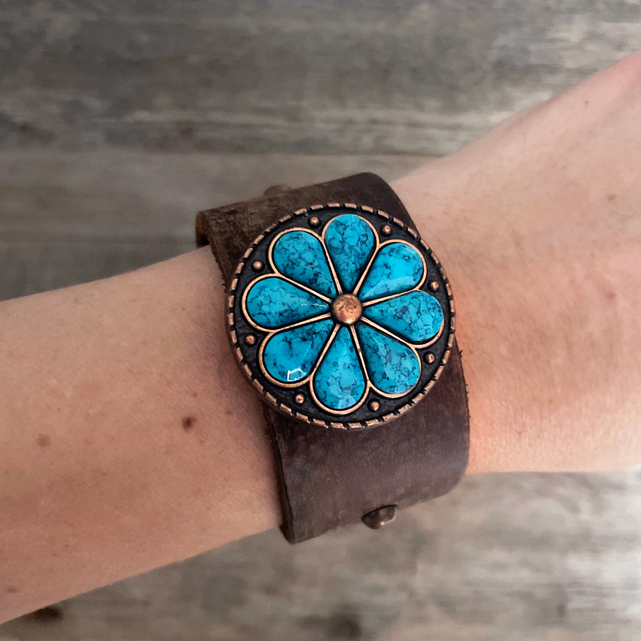 One of a Kind Genuine Distressed Leather Bracelet with Flower Concho