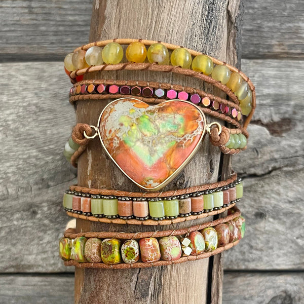 Genuine Leather, 5 Tier Orange Agate Heart Wrap Bracelet