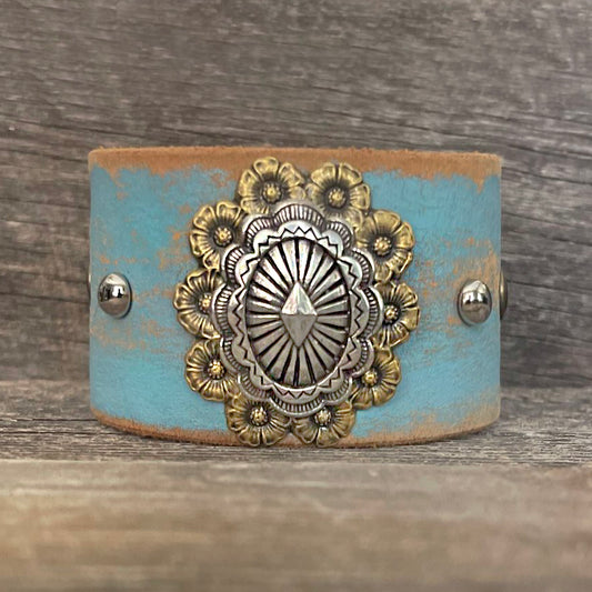 Genuine vintage leather bracelet with silver gold Concho