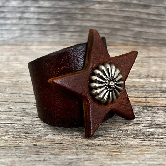 MADE TO ORDER - Genuine Brown Leather Star Concho Ring