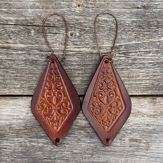 One of a kind rhomboid tooled leather earrings | Boho Accessories