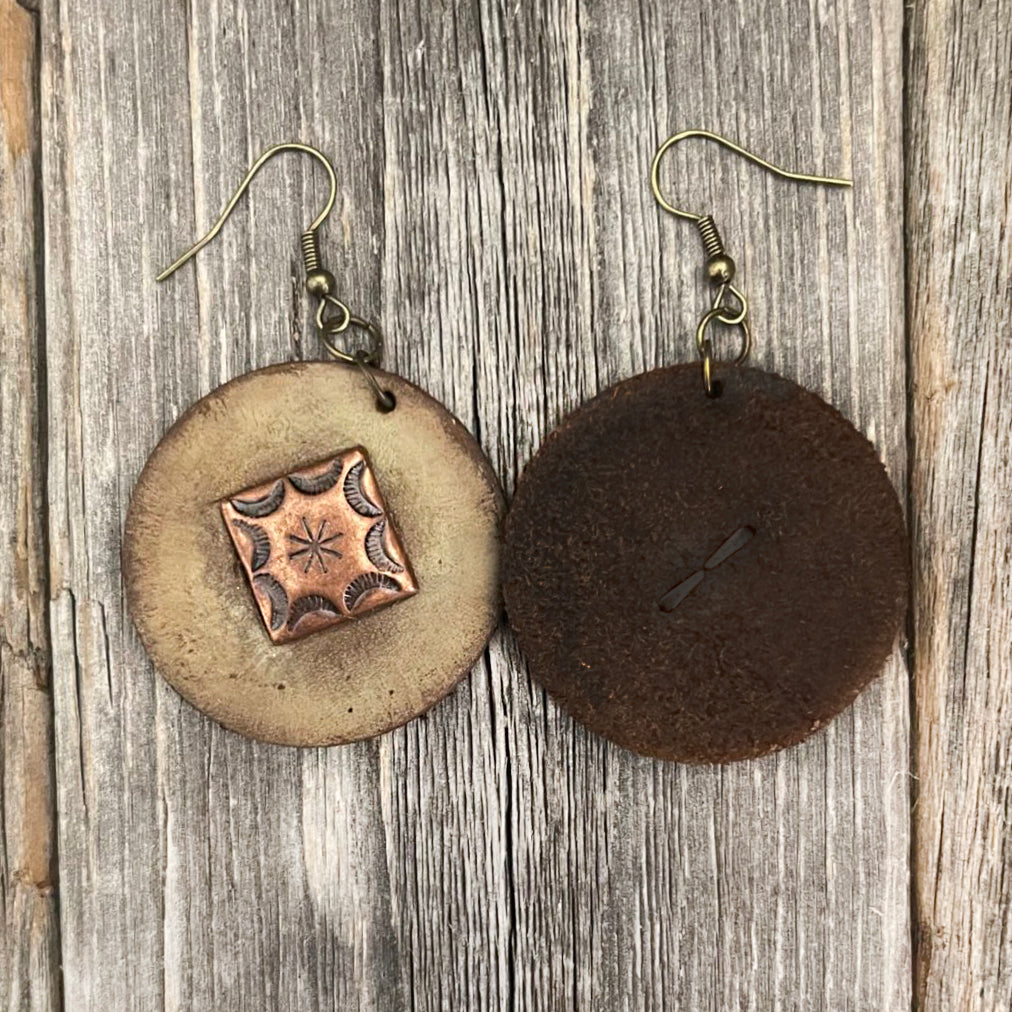 MADE TO ORDER - One of a Kind, genuine leather round drop boho handmade earrings with copper rivet