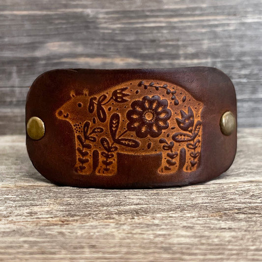 MADE TO ORDER - Genuine Leather Bracelet with Tooled Bear Design