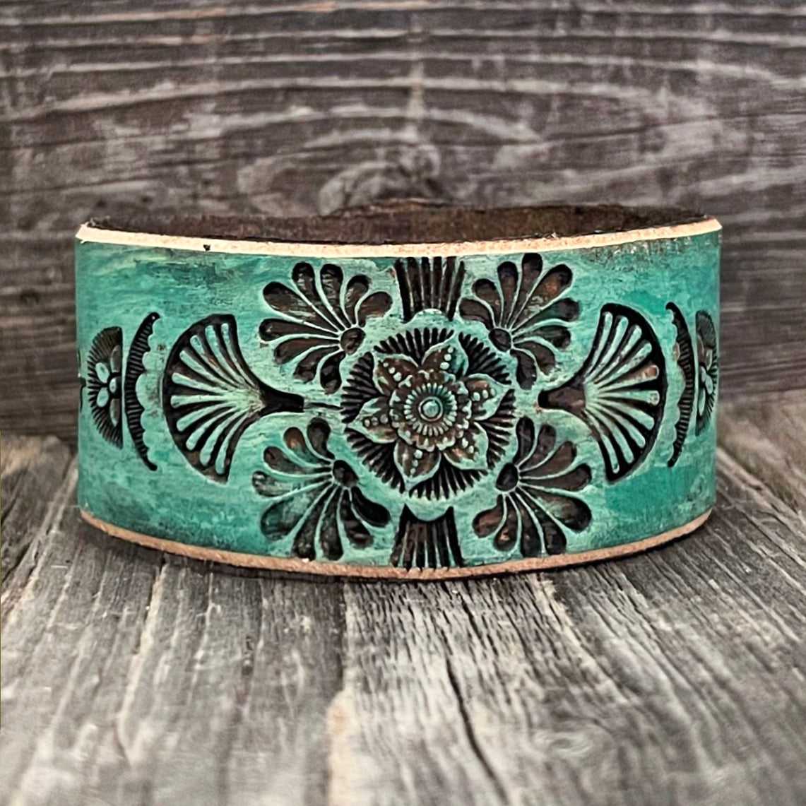 One of a kind, genuine leather, wide boho bracelet with tooled flower and sea shells