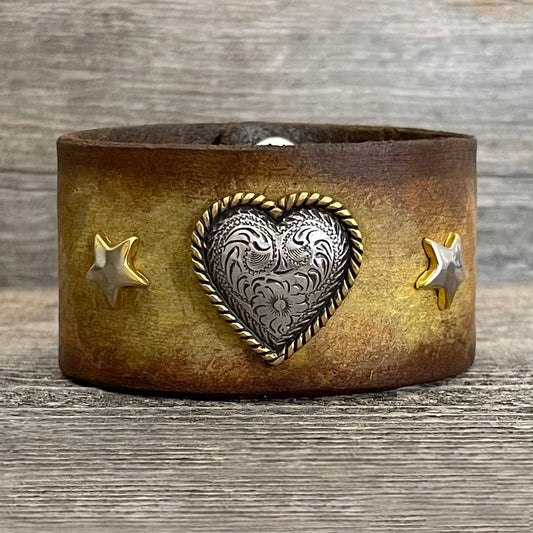 MADE TO ORDER - Yellow/brown Leather Bracelet with Heart Concho