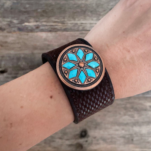 One of a Kind Genuine Leather Bracelet with Rhomboid Flower Concho