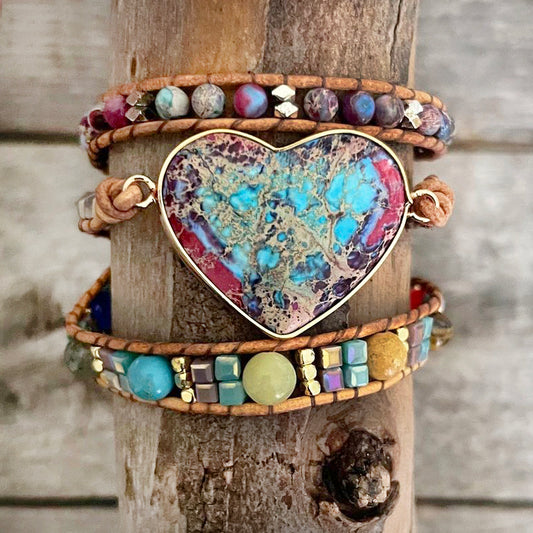 Leather 3 Tier Bracelet Turquoise Heart | Jasper Heart-Shape Stone