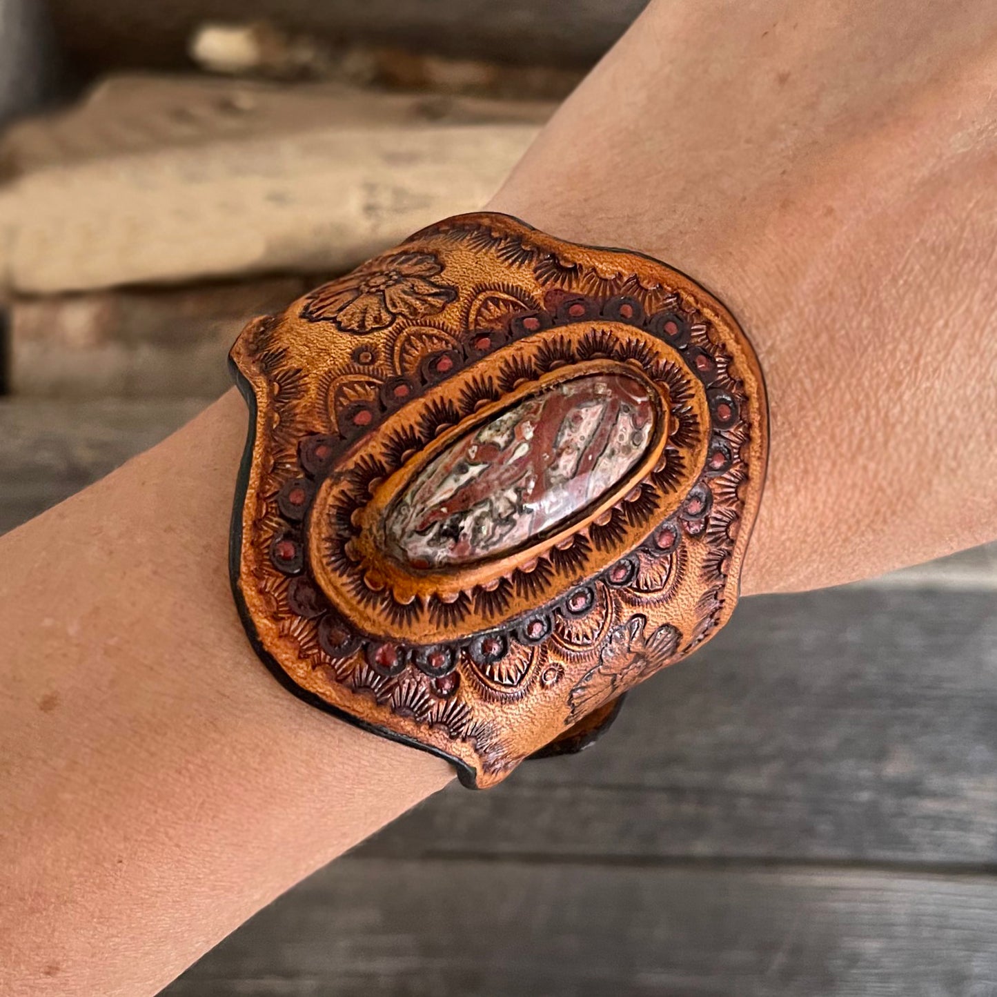 One of a Kind tooled leather bracelet with genuine Leopard Skin Jasper stone