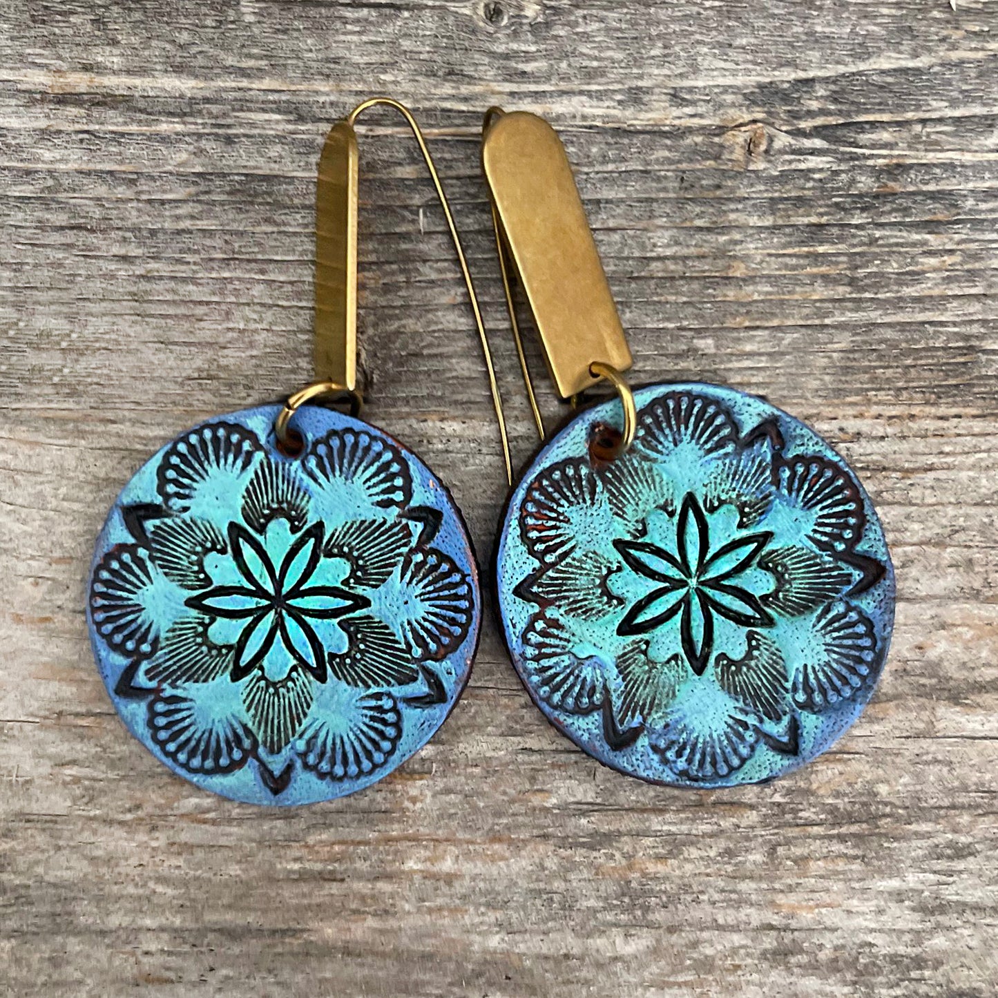 One of a Kind Handcrafted blue flower leather earrings