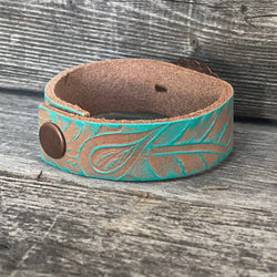 One of a kind Genuine Tooled Leather Two Tone Concho Bracelet